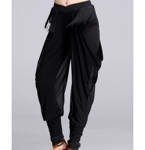 Black fringes waistline  women's ladies female fashion competition performance latin salsa cha cha rumba samba long length harem pants trousers